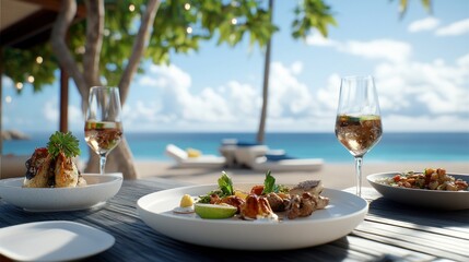 A serene dining setup by the beach with gourmet dishes and drinks.