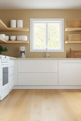 Modern kitchen interior with open shelving and natural light in a cozy setting