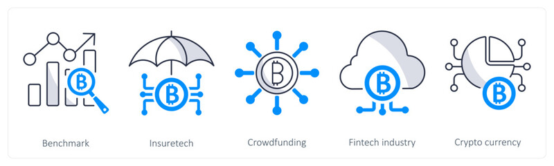 A set of 5 bitcoin icons as benchmark, insuretech, crowdfunding