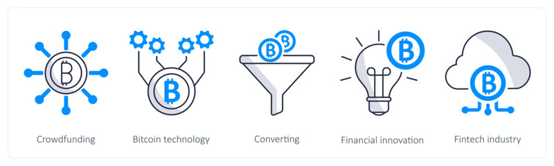 A set of 5 bitcoin icons as crowdfunding, bitcoin technology, converting