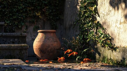 A serene scene with a clay pot and goldfish near a stone pathway.