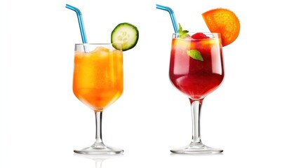 Two colorful cocktails with garnishes and straws on display.