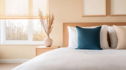 Fototapeta premium Cozy bedroom with simple decor and natural light enhancing the serene atmosphere