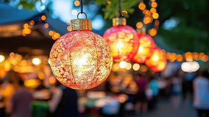 Chinese new year lanterns vibrant concept. Lanterns in vivid shades of red and gold hanging above a bustling street food market, energizing the festive scene