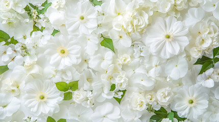Obraz premium Stunning floral display with white flowers, Elegant white floral assortment with delicate and soft flowers, Detailed texture white background.