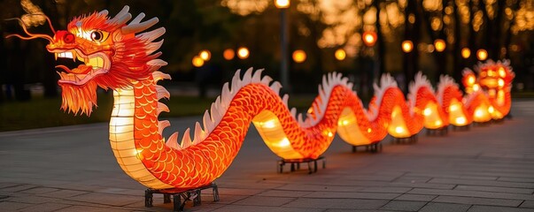 Obraz premium Chinese new year lanterns vibrant concept. Rows of brightly glowing lanterns arranged in a dragon shape, their fiery red hues creating a dynamic festival scene