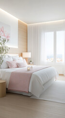 Fototapeta premium Bright and airy bedroom design featuring modern decor and ocean views in daylight