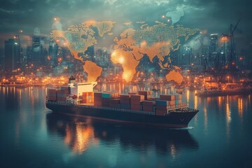Global shipping action scene urban harbor digital art nighttime aerial view environmental awareness