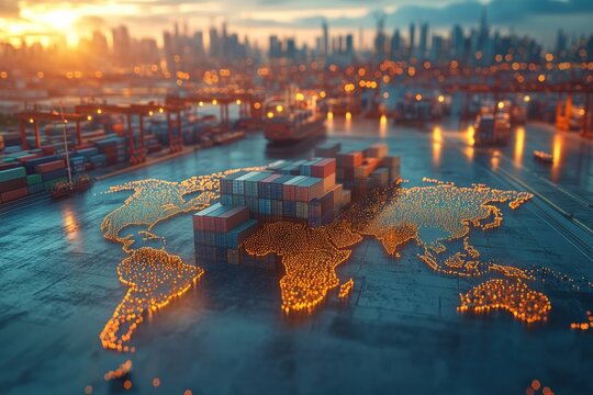 Global trade visualization indoor scene world map cargo containers urban environment strategic perspective