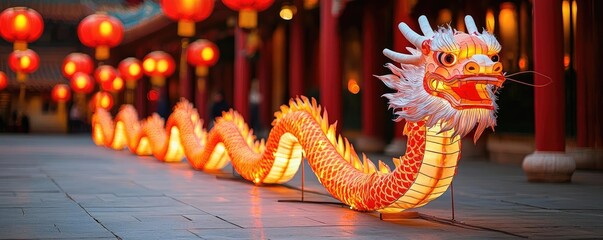 Chinese new year lanterns vibrant concept. Rows of brightly glowing lanterns arranged in a dragon shape, their fiery red hues creating a dynamic festival scene