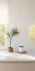 Fototapeta premium Decorative plant and coffee cup on a sunlit table in a cozy living space