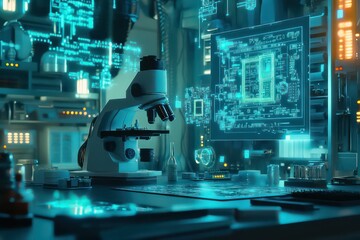 A futuristic laboratory scene showing a microscope examining a PCB, with holographic projections of chip schematics floating in the background.