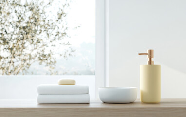 Elegant bathroom countertop arrangement with towels soap and liquid soap dispenser