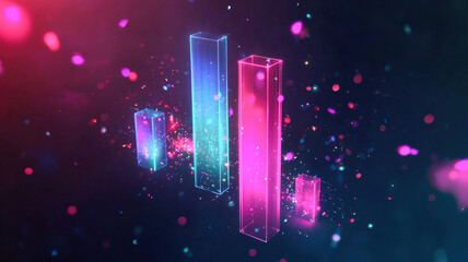 A holographic 3D bar chart with each bar floating in space, surrounded by glowing particles that dynamically react to data movement, creating a visually engaging and futuristic display of information.