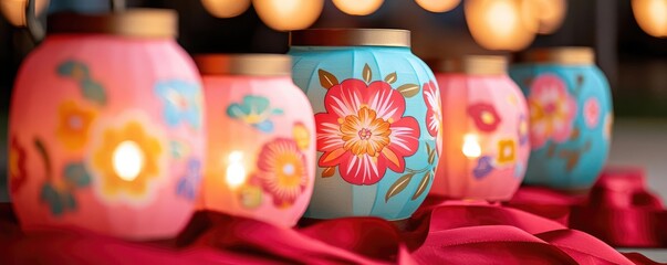 Obraz premium Chinese new year lanterns vibrant concept. Close-up of lanterns with vibrant floral designs, glowing intensely against a backdrop of red silk ribbons