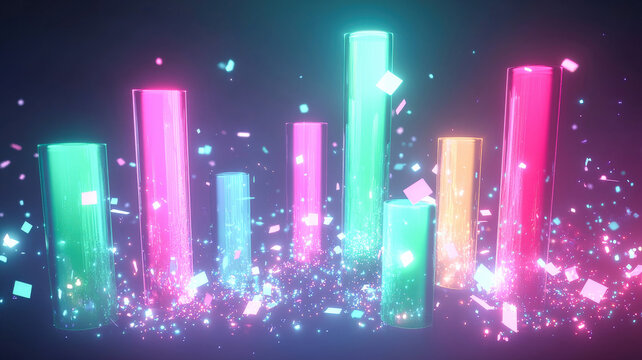 A holographic 3D bar chart with each bar floating in space, surrounded by glowing particles that dynamically react to data movement, creating a visually engaging and futuristic display of information.