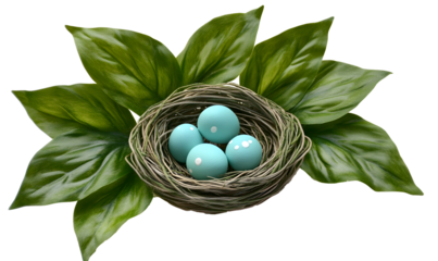 Bird's nest with light blue eggs nestled in green leaves.