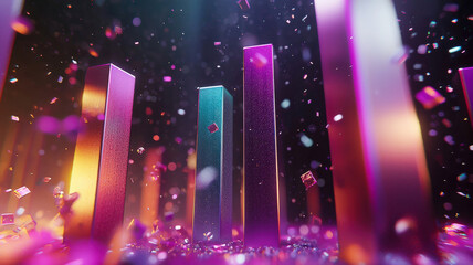 A holographic 3D bar chart with each bar floating in space, surrounded by glowing particles that dynamically react to data movement, creating a visually engaging and futuristic display of information.