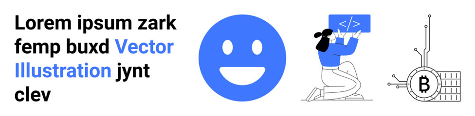 happy face emotion, woman coding at a laptop, and Bitcoin symbol in minimalist style. Ideal for tech blogs, cryptocurrency sites, programming tutorials, fintech apps, educational content, digital