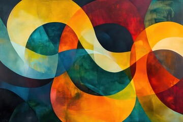 An abstract design featuring overlapping, translucent layers of vibrant colors, forming a harmonious visual flow.