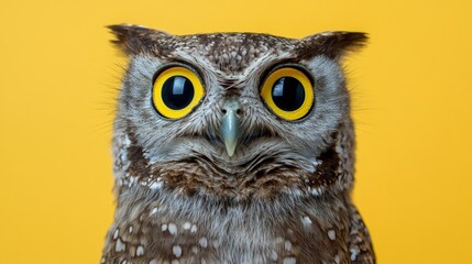 Obraz premium Close-up portrait of an owl with bright yellow eyes against a yellow background.