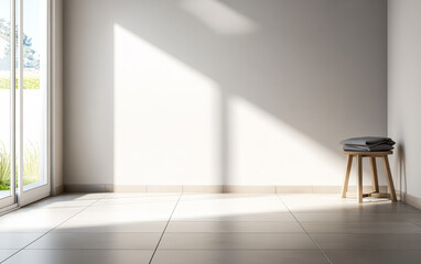 Fototapeta premium Natural light floods a minimalist interior space with a wooden stool and folded towels