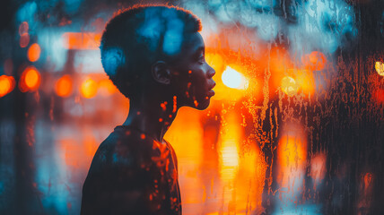 Rainy Night Reflection: A child's silhouette is dramatically highlighted against a rain-streaked window, the vibrant city lights blurring into an evocative backdrop.