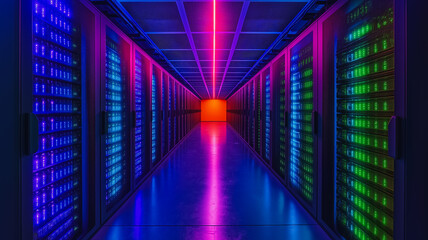 Neon Server Hallway: A mesmerizing view down a long server room corridor, bathed in vibrant neon pink and blue lighting.  The futuristic aesthetic creates a sense of mystery and technological prowess.