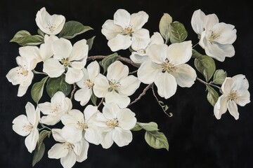An artistic capture of white apple blossoms in spring, glowing softly on a black canvas.