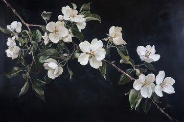 An artistic capture of white apple blossoms in spring, glowing softly on a black canvas.