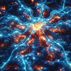 Fototapeta premium Glowing electric energy spreading on dark matter surface with sparks, ideal for sci-fi backgrounds
