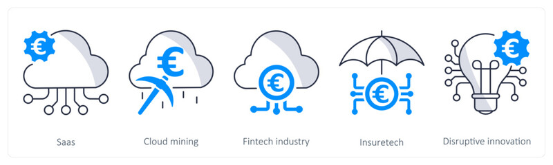 A set of 5 Euro icons as saas, cloud mining, fintech industry
