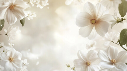 Elegant white floral arrangement empty space for text, Delicate white textured backdrop adorned and daisies and other blossoms forming.