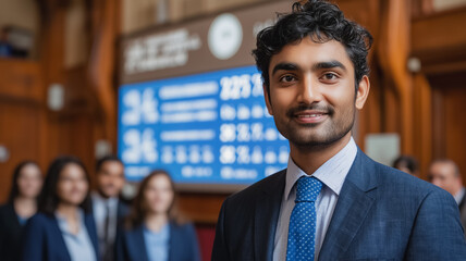 Confident and Ready: Portrait of a young, ambitious businessman standing confidently with his team behind him, radiating success and professionalism in a formal setting.  