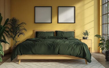 Sunlit bedroom, green bedding, plants, modern design, interior design mockup.