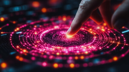 Interactive Digital Interface: A fingertip gently touches a vibrant, glowing circular interface, evoking a sense of futuristic technology and seamless interaction.