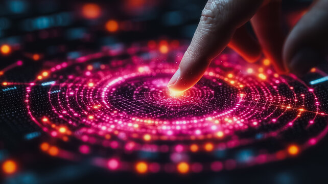 Interactive Digital Interface: A fingertip gently touches a vibrant, glowing circular interface, evoking a sense of futuristic technology and seamless interaction.
