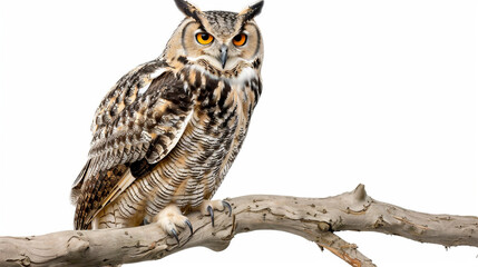 Obraz premium Elderly Owl Watching from a Branch on white background.PNG