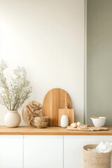 Elegant kitchen countertop arrangement with neutral colors and natural elements on display