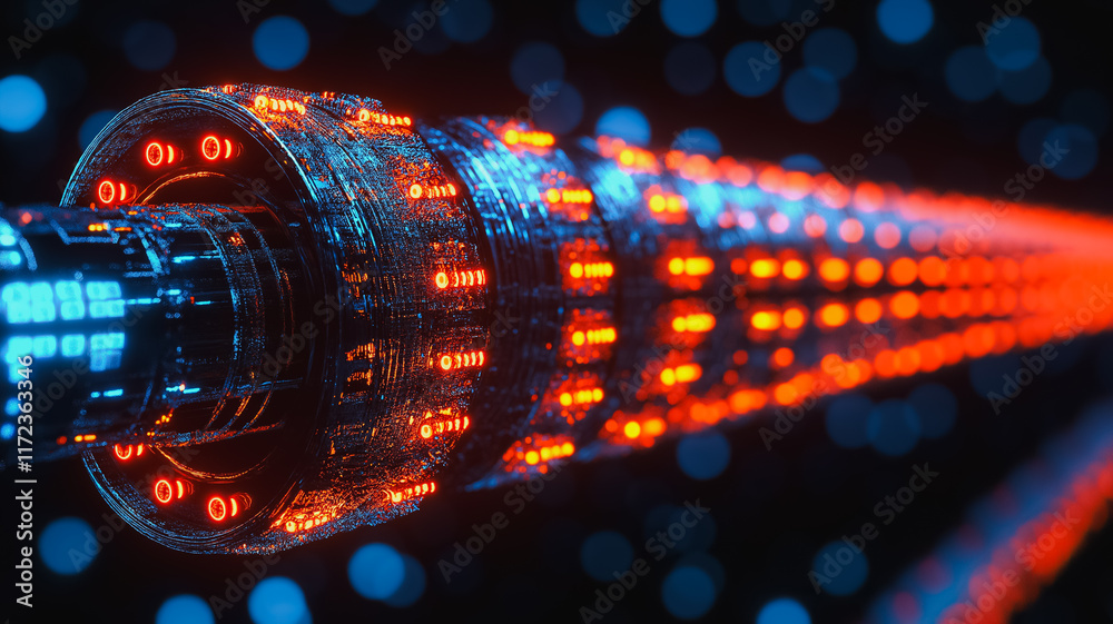 Poster data stream: a futuristic abstract close-up of a glowing data stream flowing through a network of di