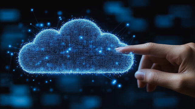Accessing the Cloud: A hand reaches out to touch a glowing, digital cloud, symbolizing connection, innovation, and the limitless possibilities of cloud computing.  