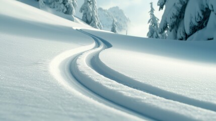 Fototapeta premium Snowy Landscape with Ski Tracks in Winter Wonderland Capturing the Beauty of Fresh Powder and Shimmering Snow in a Peaceful Natural Setting
