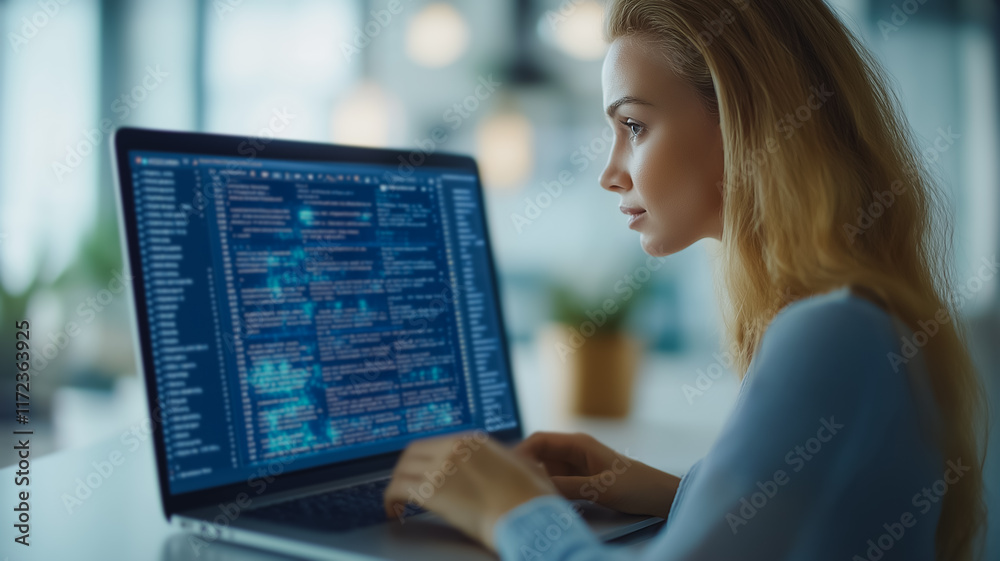 Wall mural focused programmer: woman coding on laptop