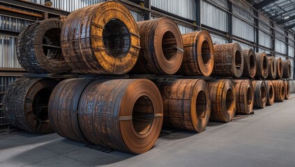 Rusty Metal Coils Stacked in Warehouse