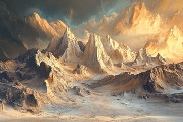 Majestic Mountain Range Under a Dramatic Sky With Vibrant Clouds During Sunset in a Surreal Landscape