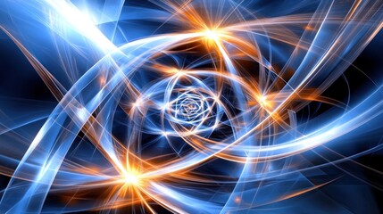 Fototapeta premium Abstract swirling blue and orange light forms creating a vortex effect.
