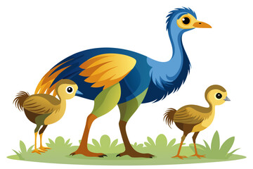 Emu and her two chicks in front of a white background