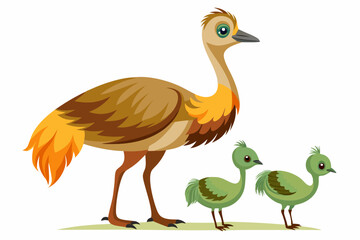 Emu and her two chicks in front of a white background