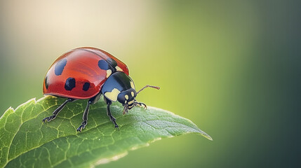 Fototapeta premium ladybug perched on green leaf, showcasing its glossy red shell and spots