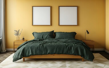 Modern bedroom interior design, mustard yellow walls, green bedding, wooden bed frame, mockup canvases.